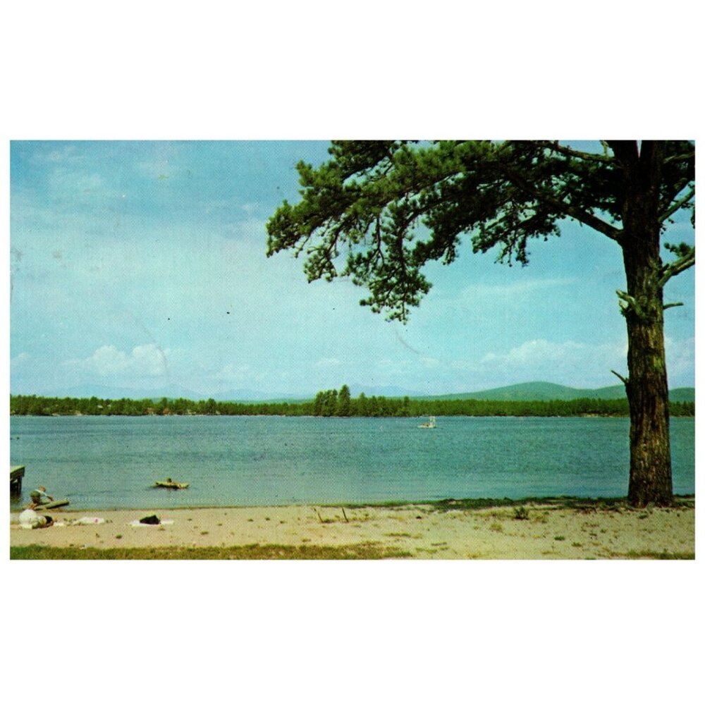Postcard 1965 Chrome era Sun & Fun on Beach at Ossipee Lake New Hampshire